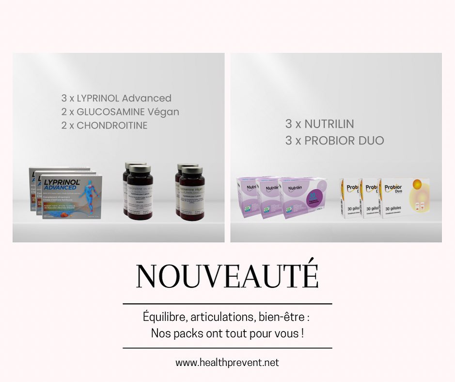 On a le plaisir de vous annoncer les nouveaux packs conçus pour votre bien-être, disponibles dès maintenant !

🔹 Pack Équilibre Nutritionnel 🔹 

Spécialement conçu pour une cure de 3 mois. Il comprend :

3 boîtes de Probior Duo pour soutenir votre flore intestinale.
3 boîtes de Nutrilin pour une nutrition complète.

🔹 Pack Équilibre Articulaire 🔹 

Également prévu pour une cure de 3 mois, il contient :

3 boîtes de Lyprinol Advanced pour une mobilité optimale.
2 boîtes de Glucosamine Vegan pour le soutien des cartilages.
2 boîtes de Chondroïtine pour des articulations en pleine forme.

Ces packs sont disponibles dès maintenant sur notre site ! Profitez-en pour booster votre bien-être. 🌿

#nutrition #bienêtre #healthprevent #articulation #equilibre